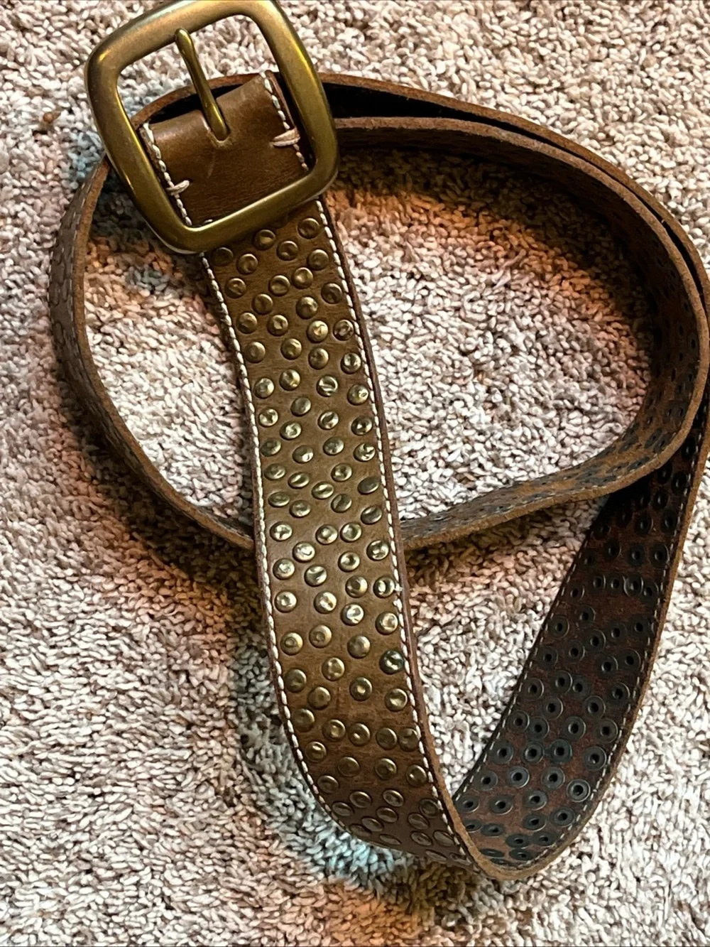 Studded Brown Leather Belt with Solid Brass Buckle - Women Accessories